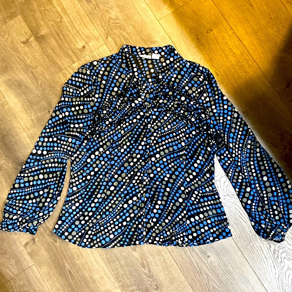 Worthington sheer black blouse with blue/gray/white polka dots.